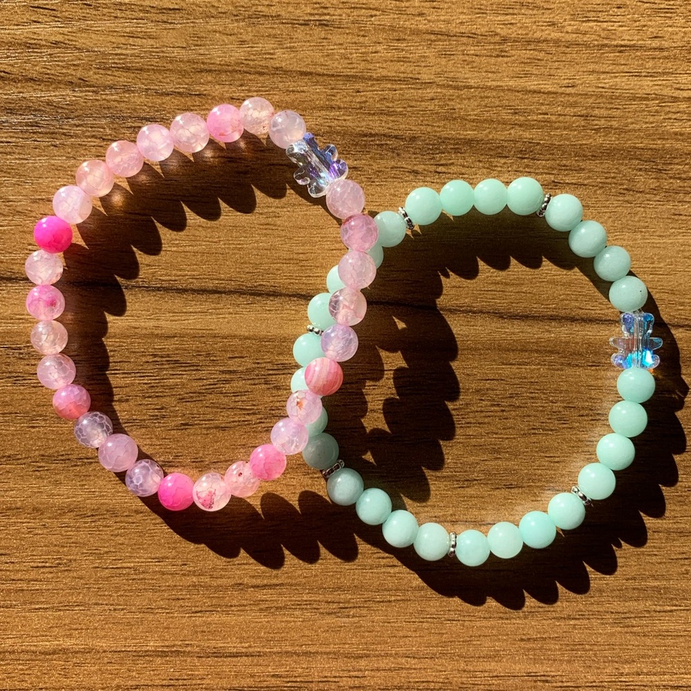 {Handmade} Pink and Mint Beaded Bracelet Set
